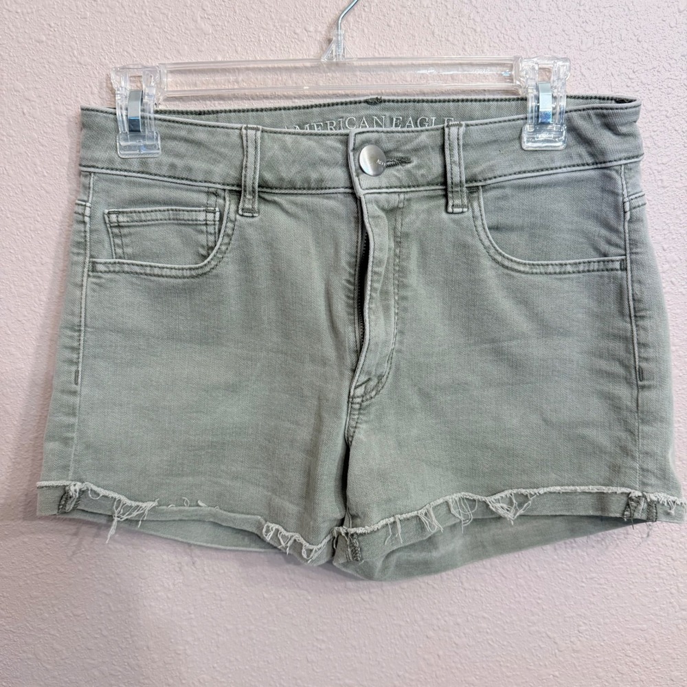 American Eagle Hi-Rise Shortie Olive Green Raw Hem Denim‎ Shorts Womens 6